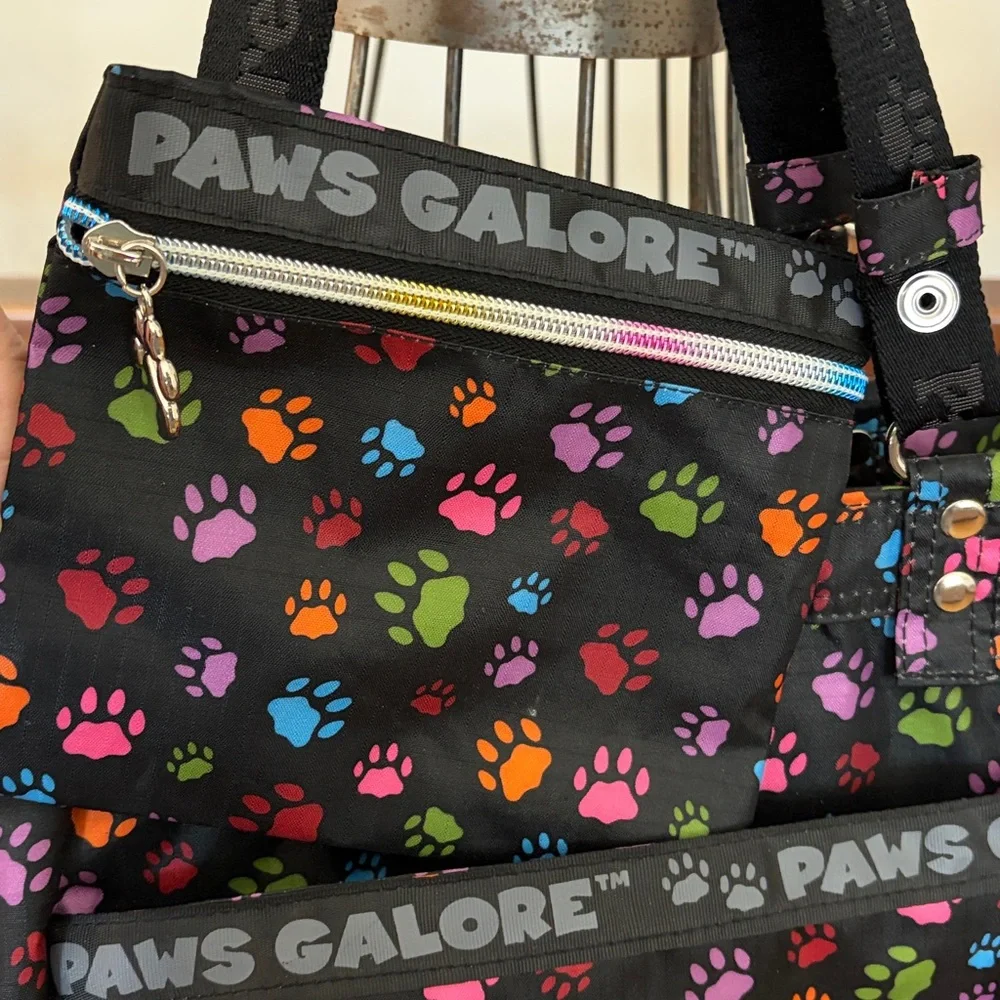 NEW Paws Galore Many Pocketed Multi Functional Nylon Paw Prints Bag Crossbody